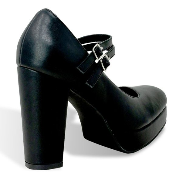 Women’s Vintage Chunky Platform Block Heel Mary Janes with Double Straps - Picture 3 of 4